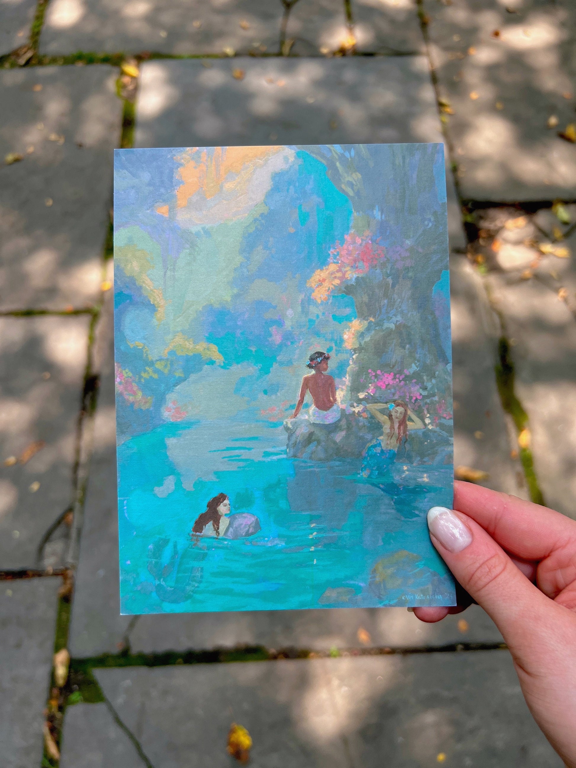 three in the mermaid lagoon art print from original gouache painting
