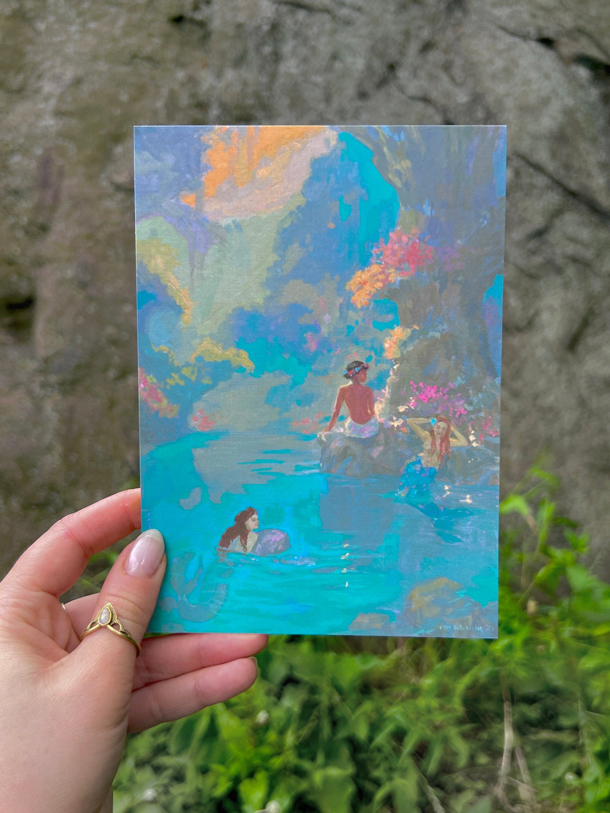 three in the mermaid lagoon art print from original gouache painting
