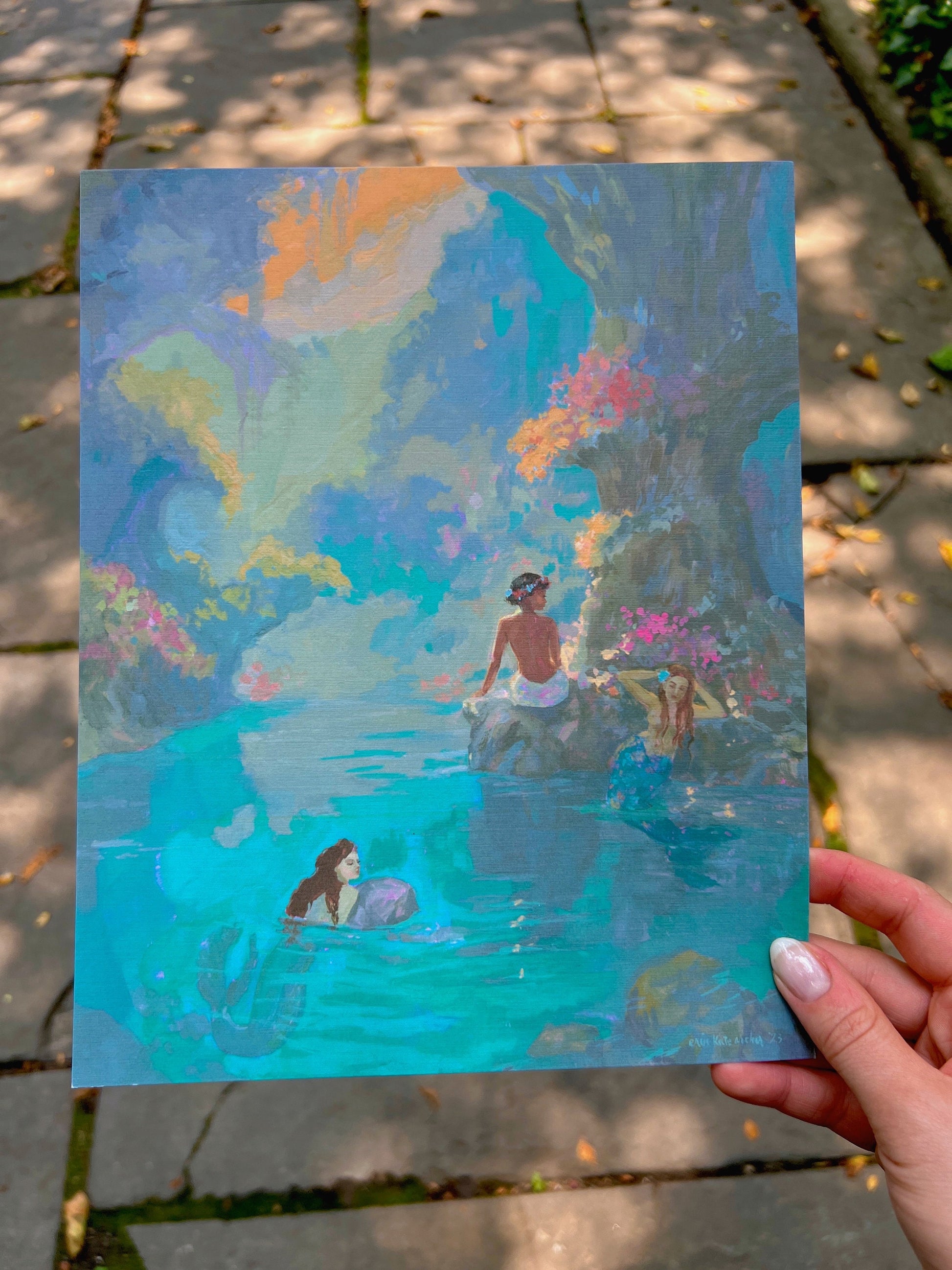 three in the mermaid lagoon art print from original gouache painting