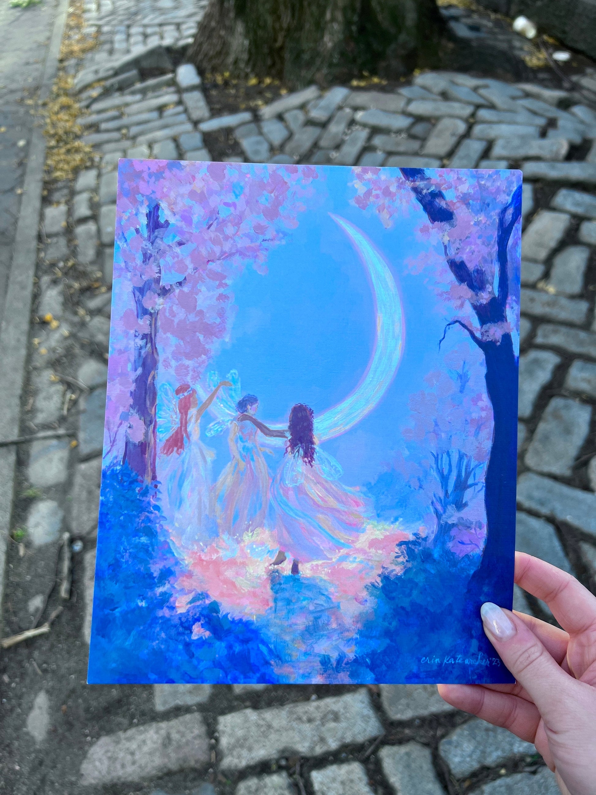 the moon makes four - art print from original acrylic painting of faeries dancing with the moon