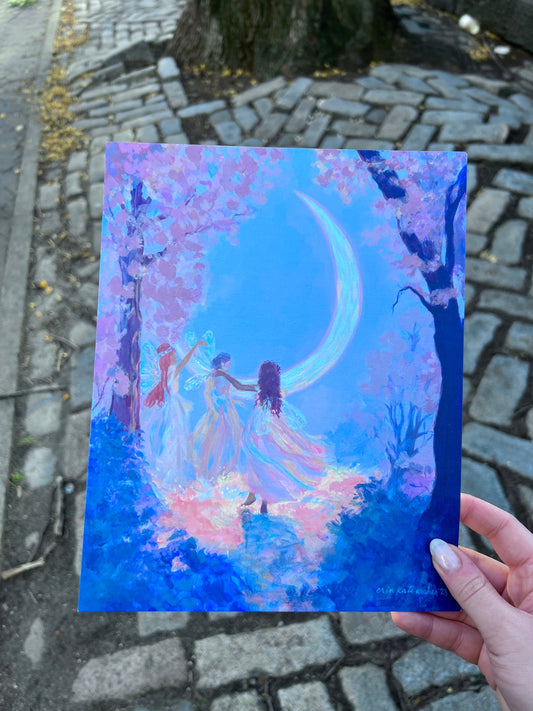 the moon makes four - art print from original acrylic painting of faeries dancing with the moon