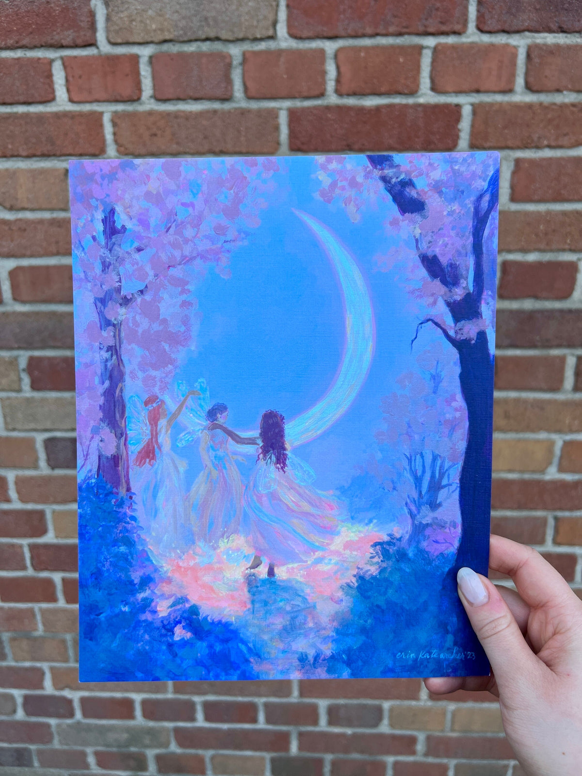 the moon makes four - art print from original acrylic painting of faeries dancing with the moon