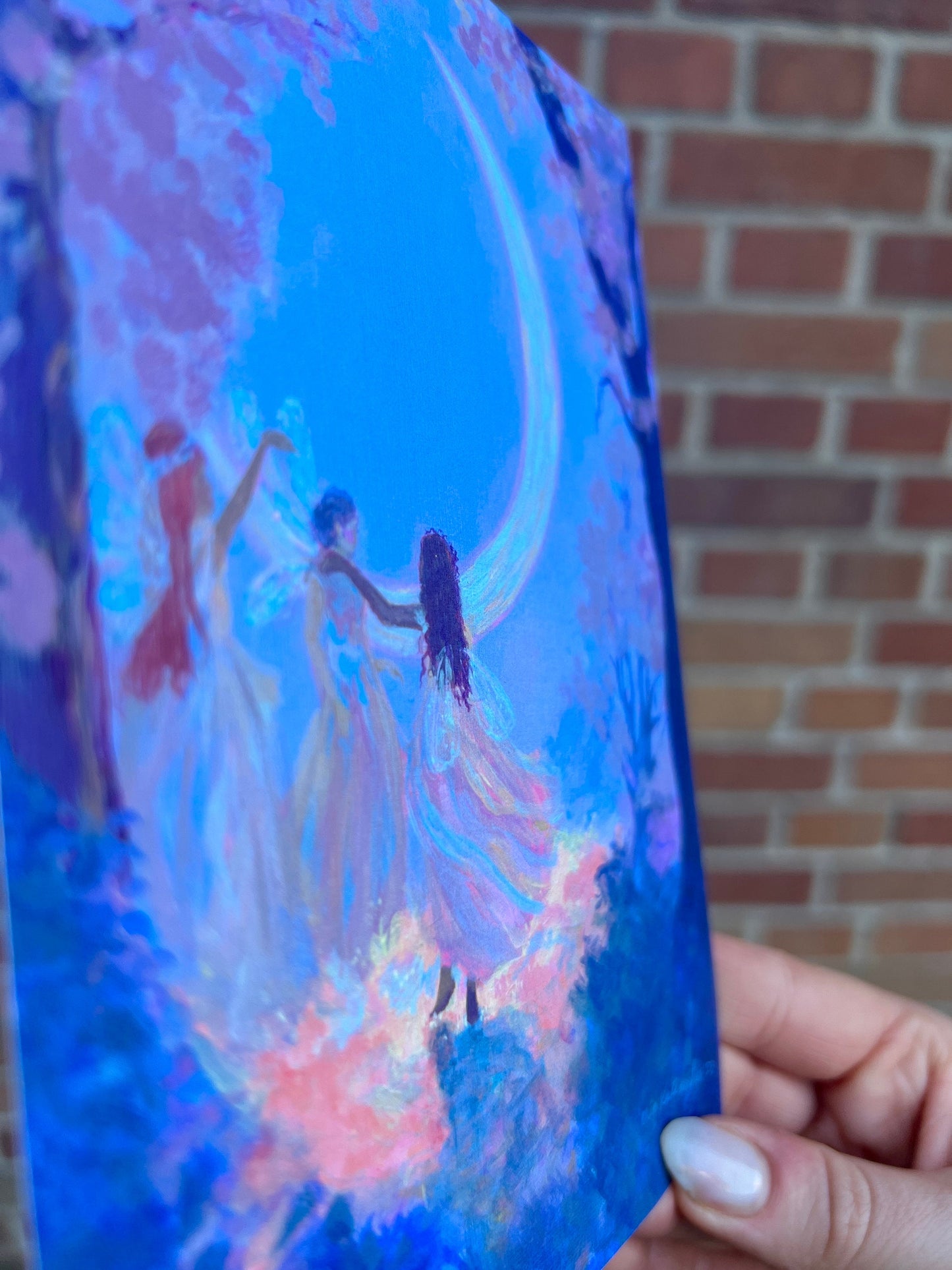 the moon makes four - art print from original acrylic painting of faeries dancing with the moon