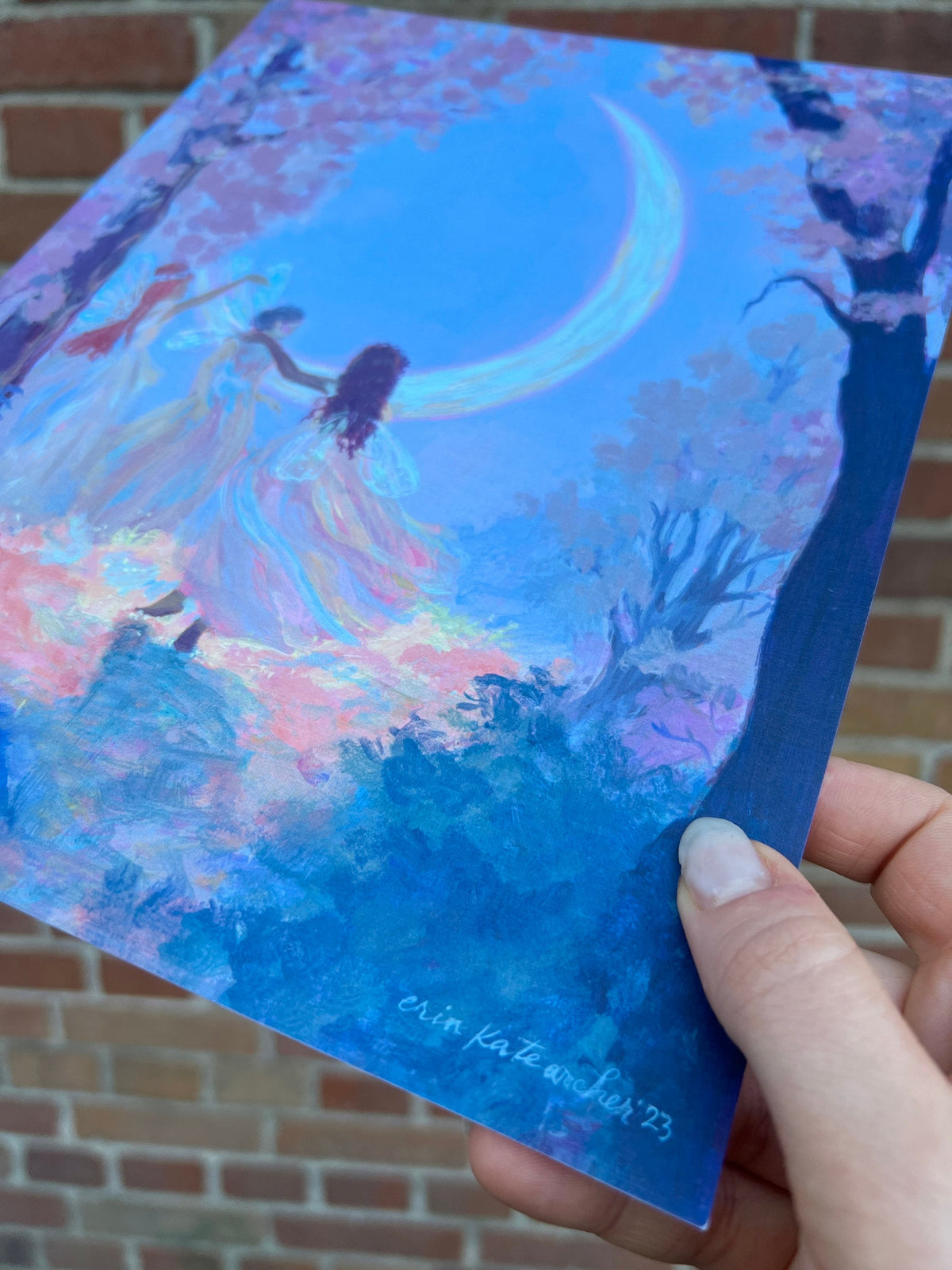 the moon makes four - art print from original acrylic painting of faeries dancing with the moon