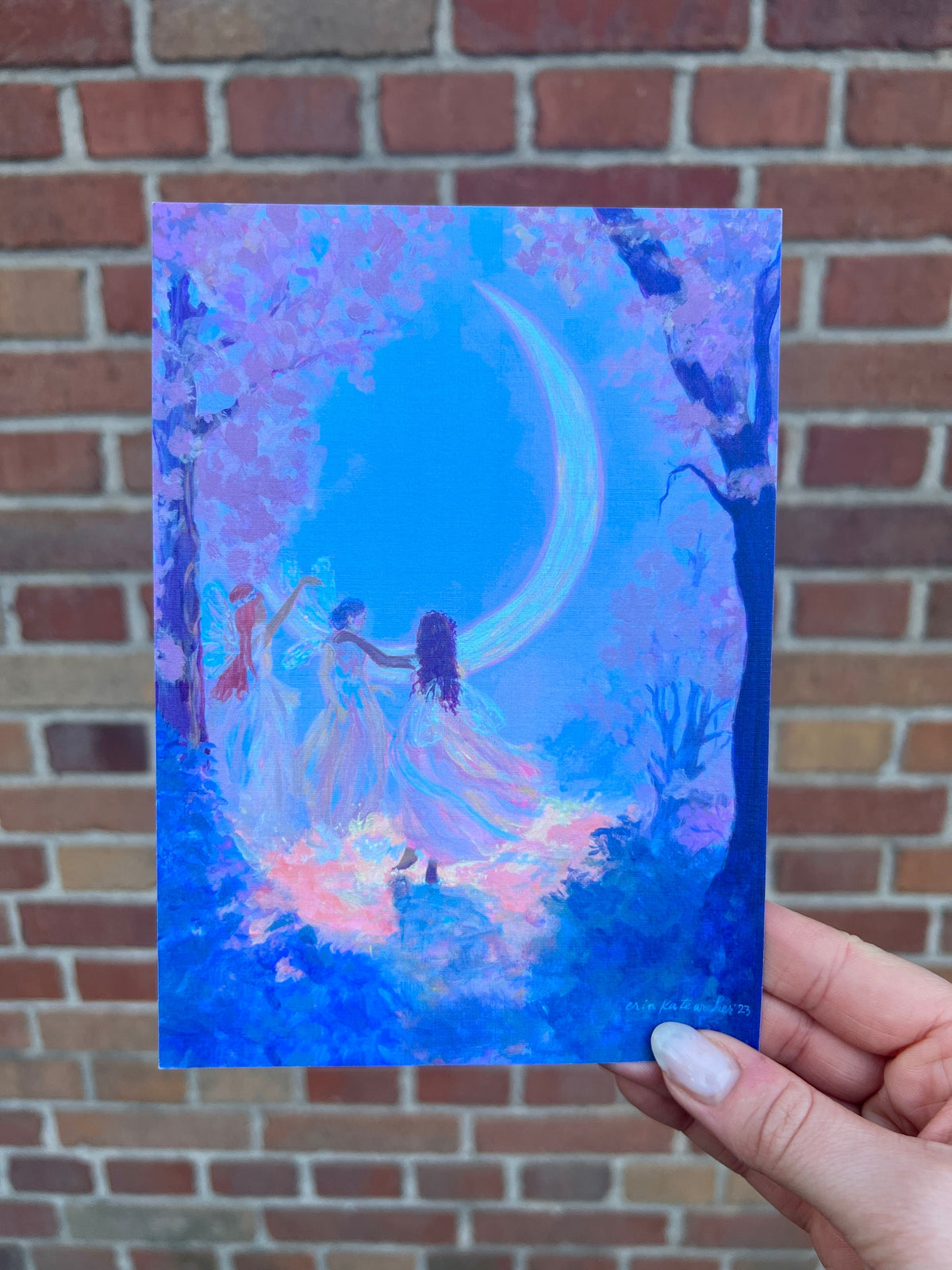 the moon makes four - art print from original acrylic painting of faeries dancing with the moon