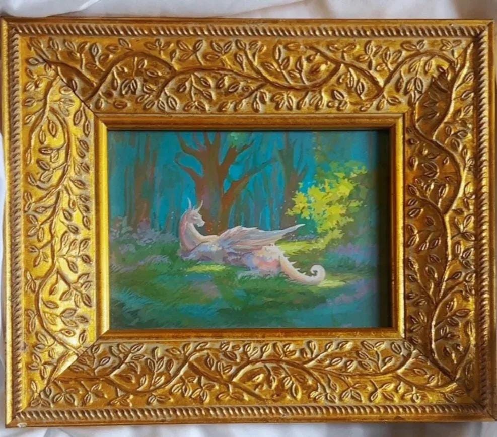 dragon in the clearing art print from original gouache painting for fantasy readers & lovers
