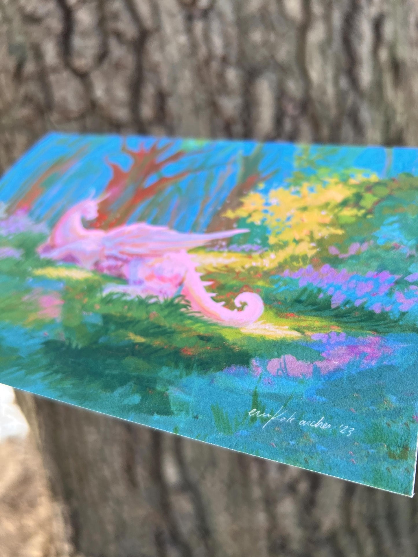 dragon in the clearing art print from original gouache painting for fantasy readers & lovers