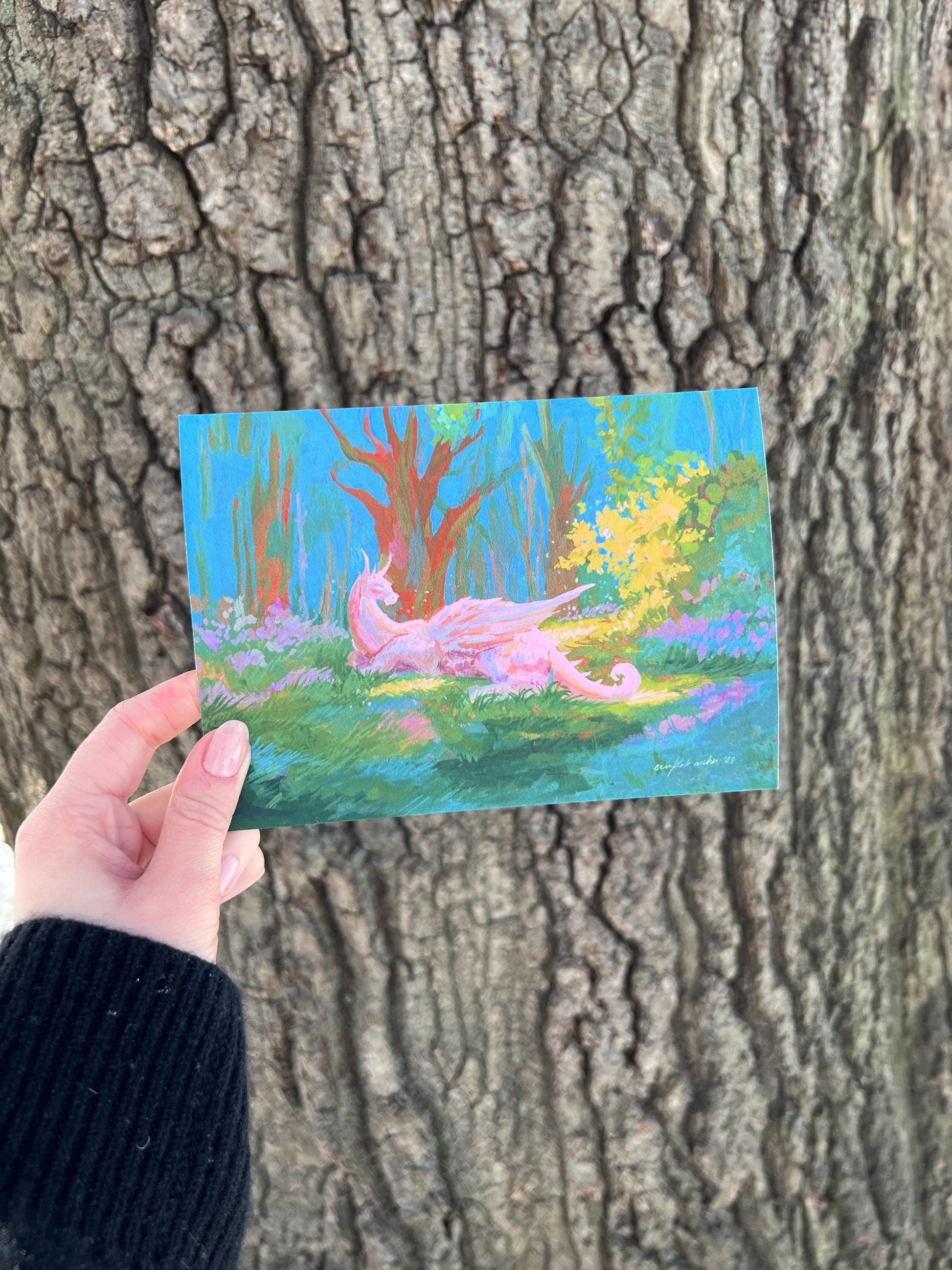 dragon in the clearing art print from original gouache painting for fantasy readers & lovers