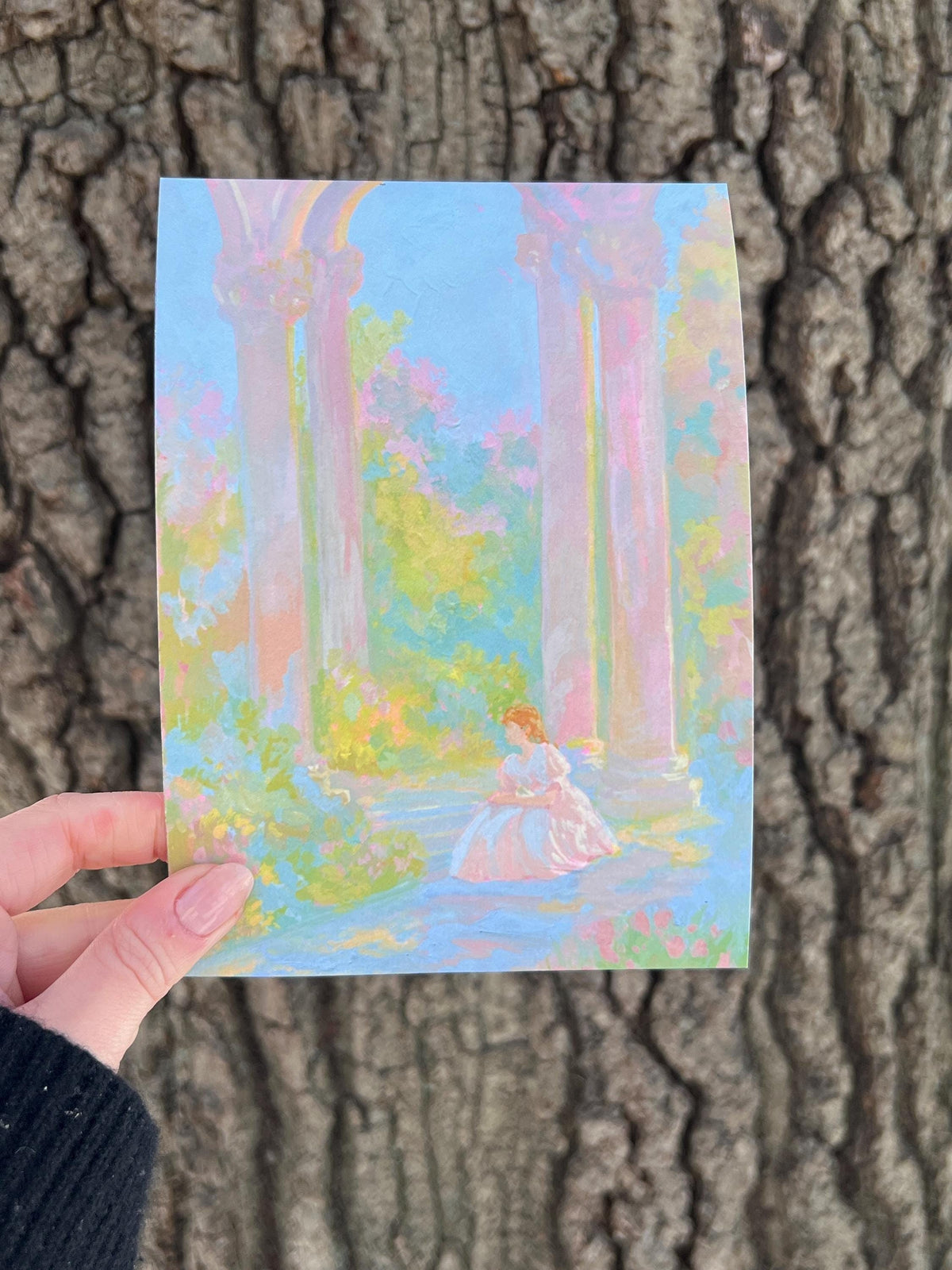 a moment in the garden - art print from original gouache painting, calming romantic pastel color