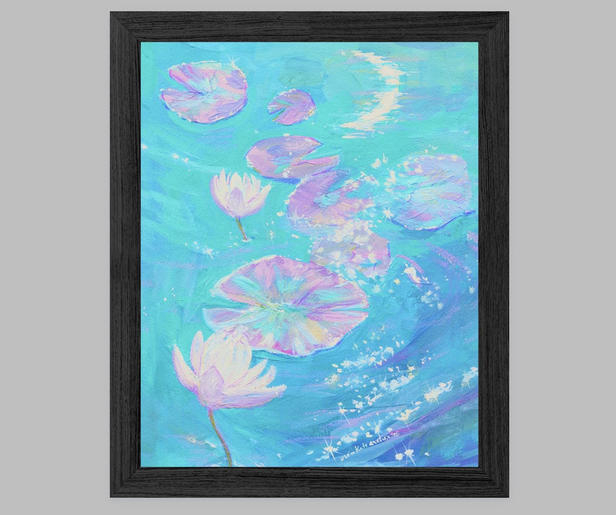 Moonlit Water Lilies Art Print: "I Wish You more than a Kinder Sea" from original Gouache Painting