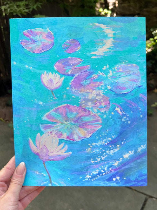 Moonlit Water Lilies Art Print: "I Wish You more than a Kinder Sea" from original Gouache Painting