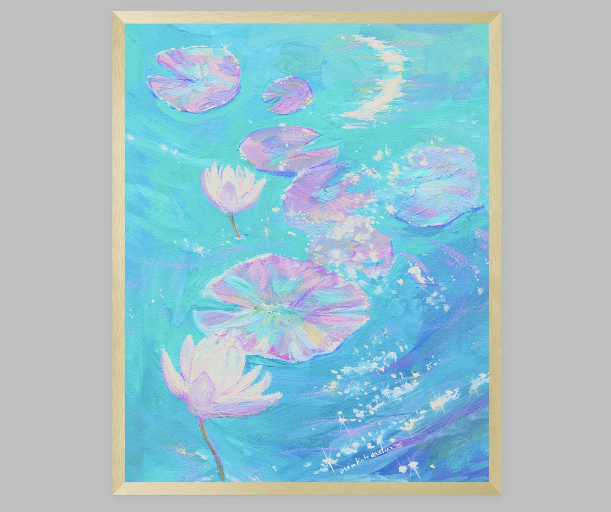 Moonlit Water Lilies Art Print: "I Wish You more than a Kinder Sea" from original Gouache Painting