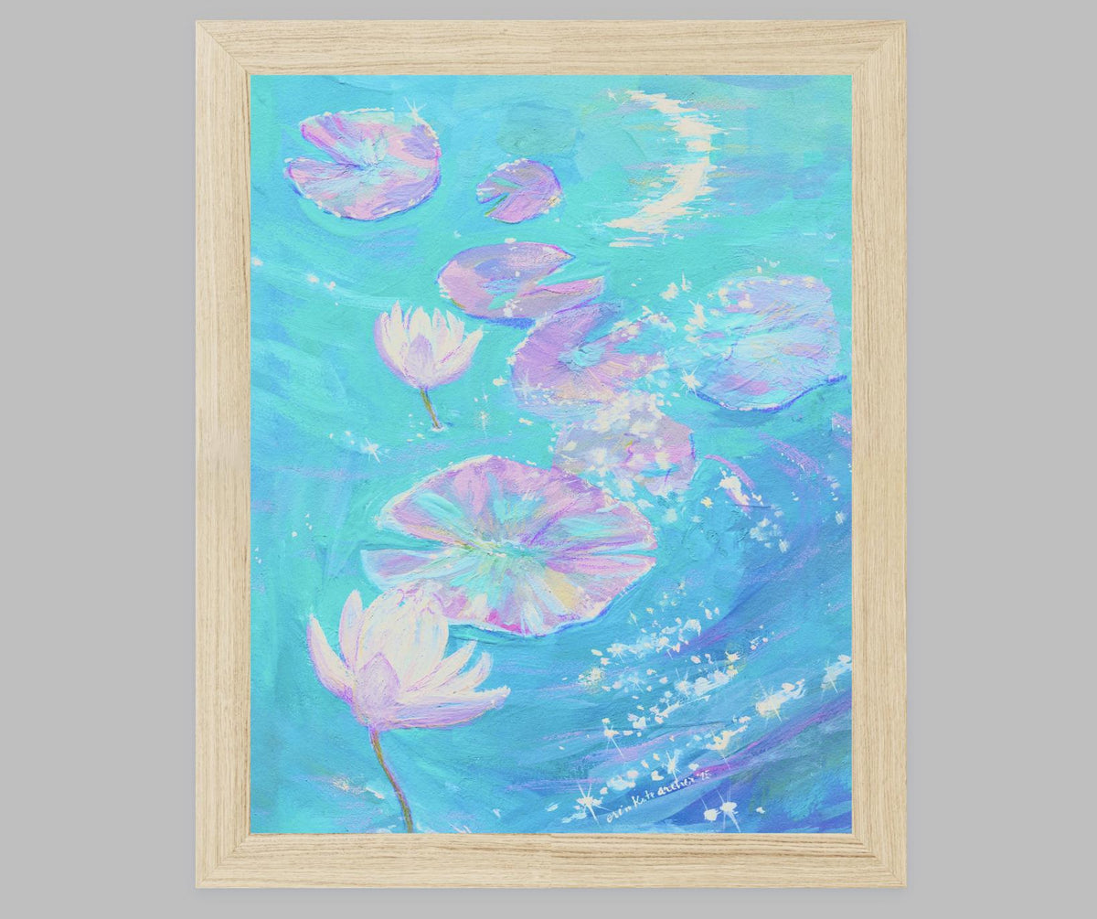 Moonlit Water Lilies Art Print: "I Wish You more than a Kinder Sea" from original Gouache Painting