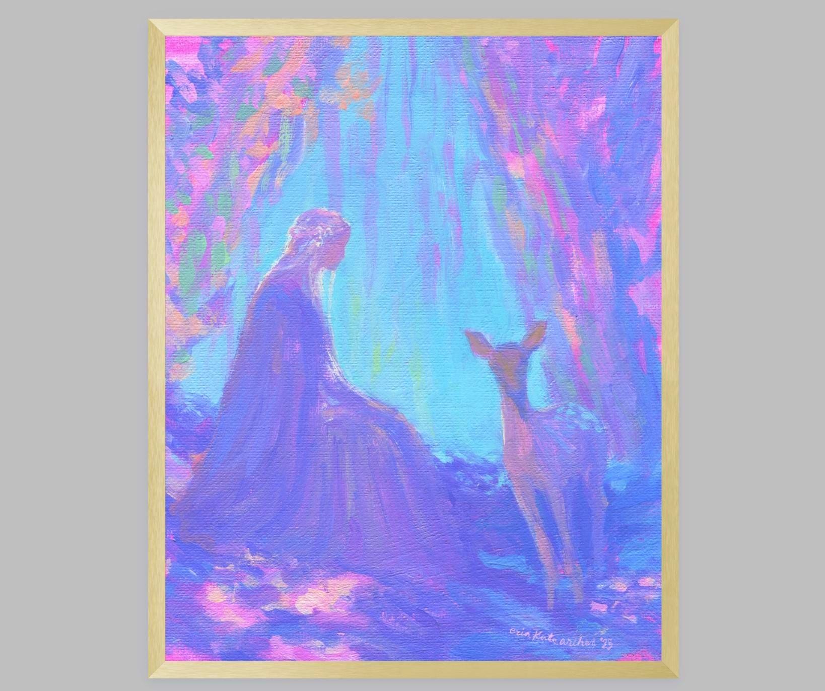 Fantasy Art Print: "the lady and the fawn" from original acrylic painting - inspired by fantasy novels and fairy tales