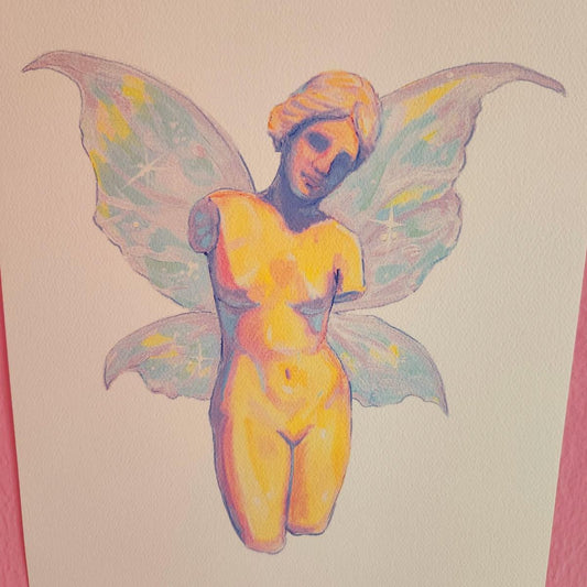 faerie statue i iridescent illustration art print from original gouache painting