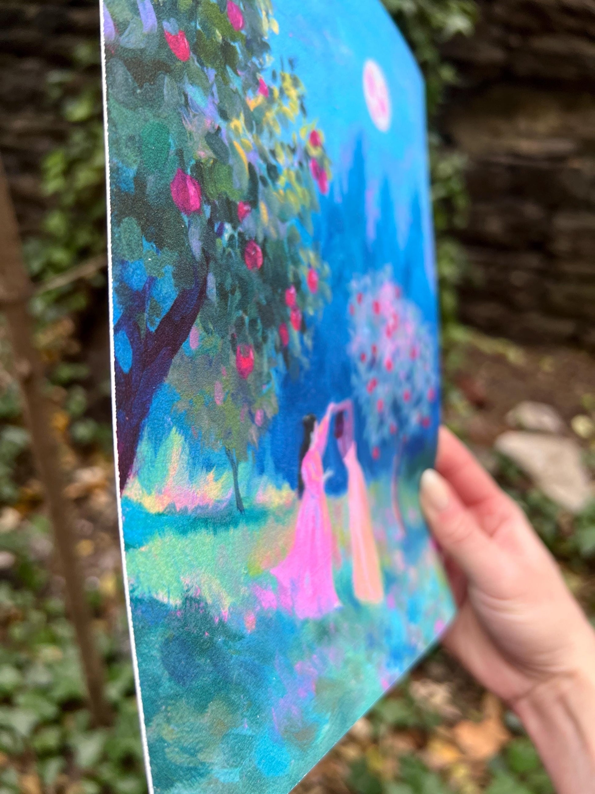 harvest moon - art print from original acrylic painting, two women dance in an apple orchard under moonlight
