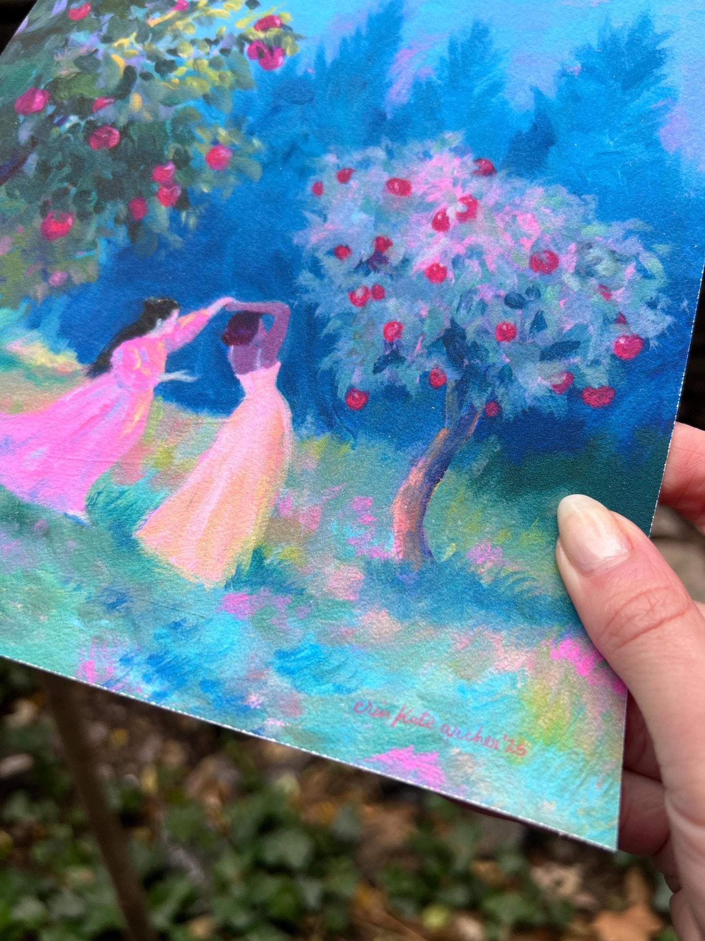 harvest moon - art print from original acrylic painting, two women dance in an apple orchard under moonlight