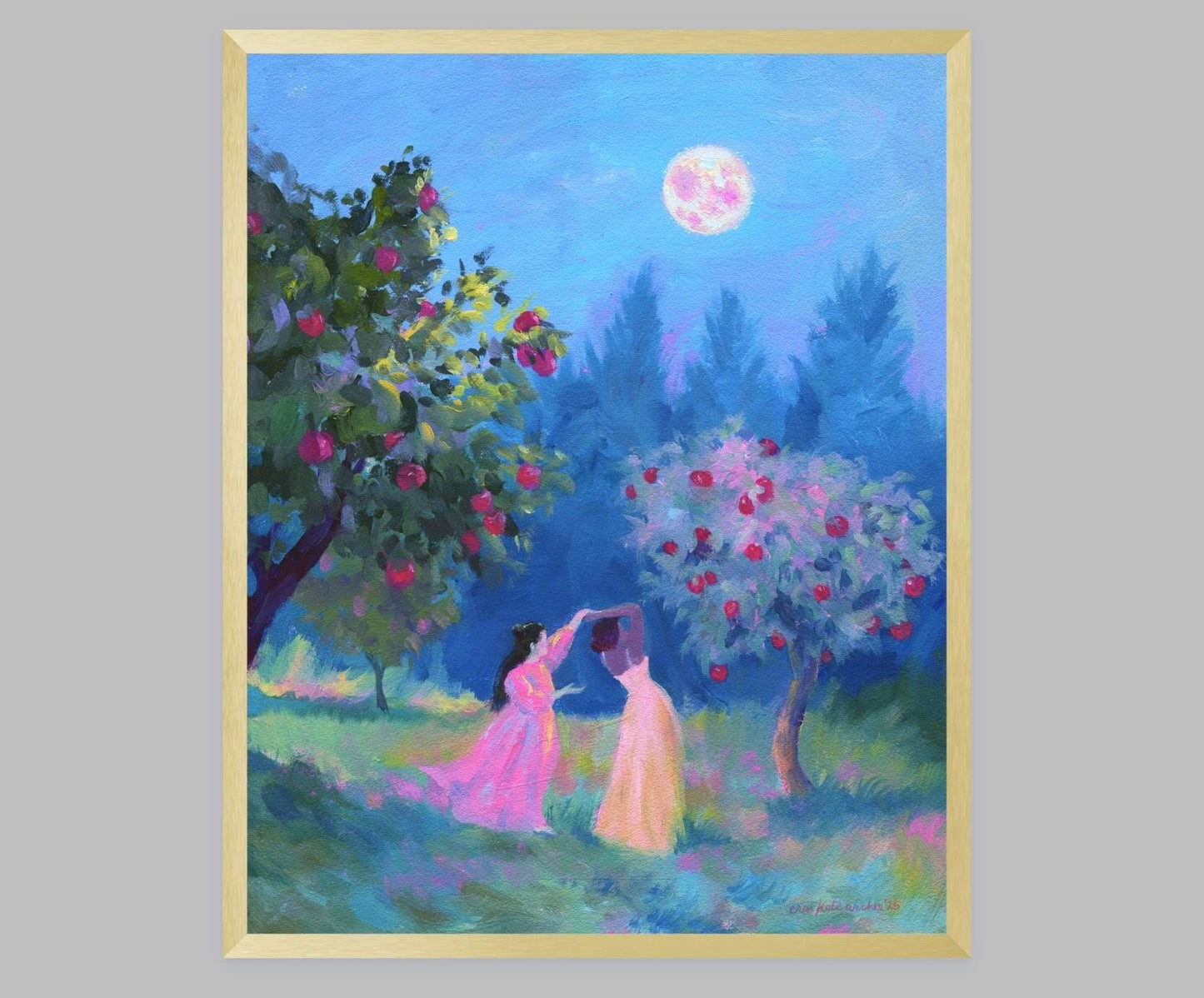 harvest moon - art print from original acrylic painting, two women dance in an apple orchard under moonlight