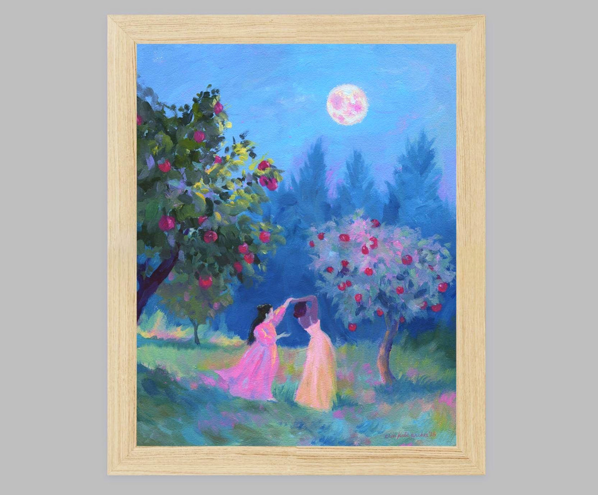 harvest moon - art print from original acrylic painting, two women dance in an apple orchard under moonlight