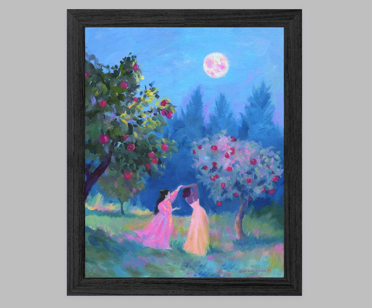 harvest moon - art print from original acrylic painting, two women dance in an apple orchard under moonlight