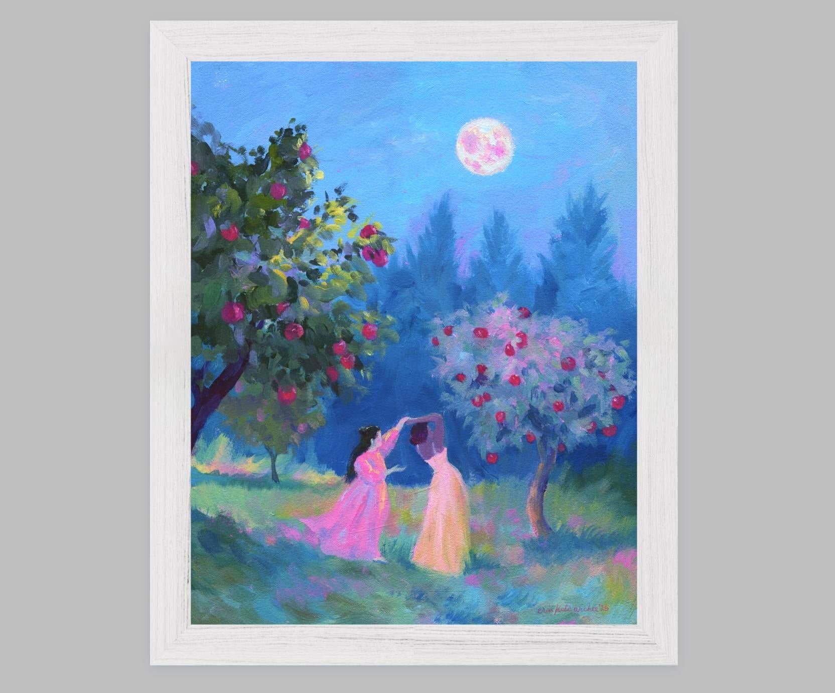 harvest moon - art print from original acrylic painting, two women dance in an apple orchard under moonlight