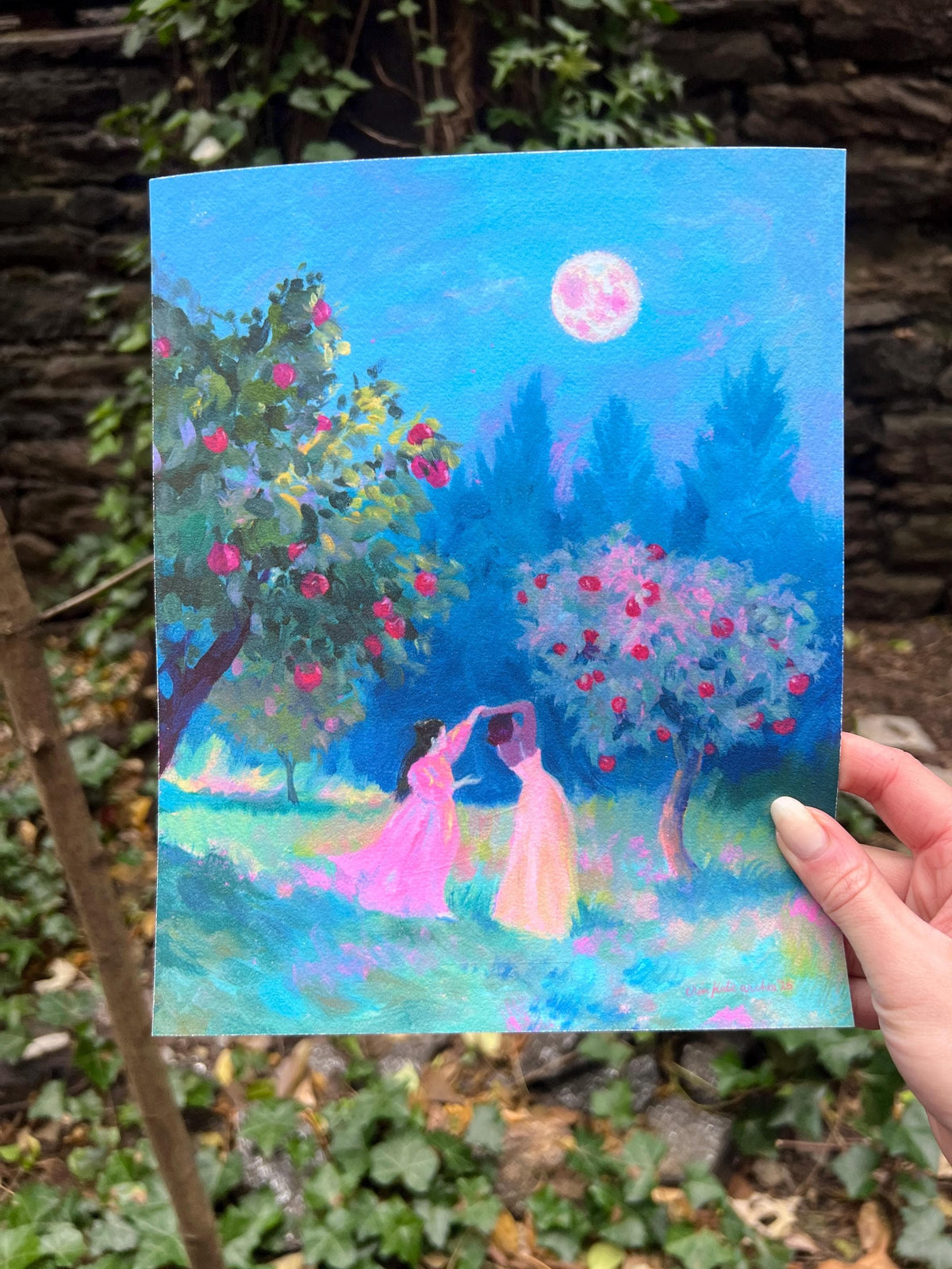 harvest moon - art print from original acrylic painting, two women dance in an apple orchard under moonlight