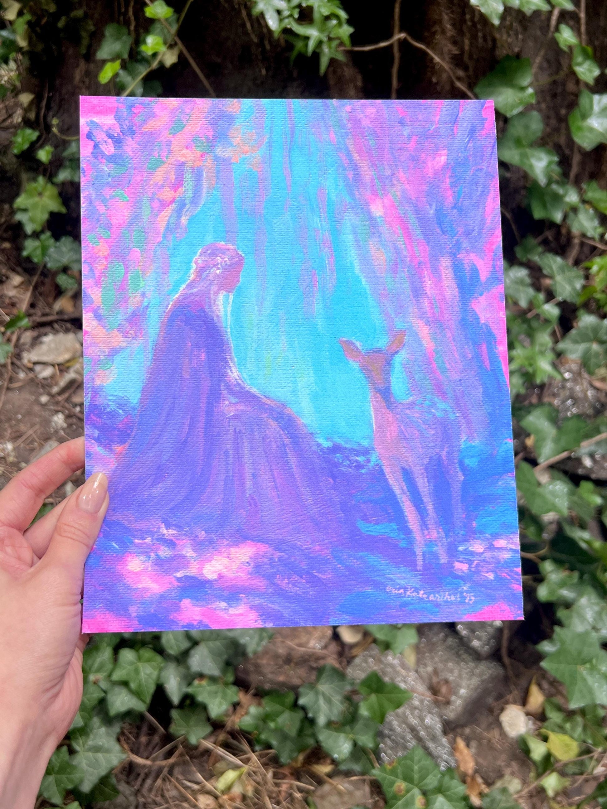 Fantasy Art Print: "the lady and the fawn" from original acrylic painting - inspired by fantasy novels and fairy tales