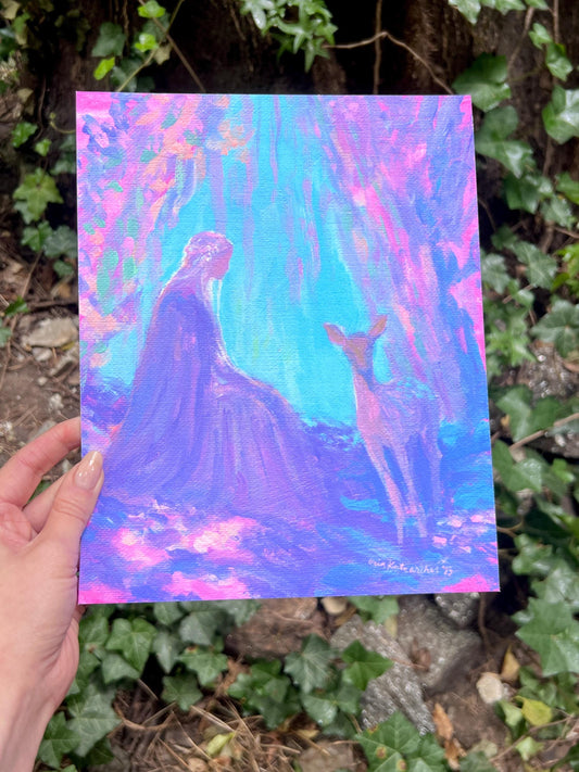 Fantasy Art Print: "the lady and the fawn" from original acrylic painting - inspired by fantasy novels and fairy tales