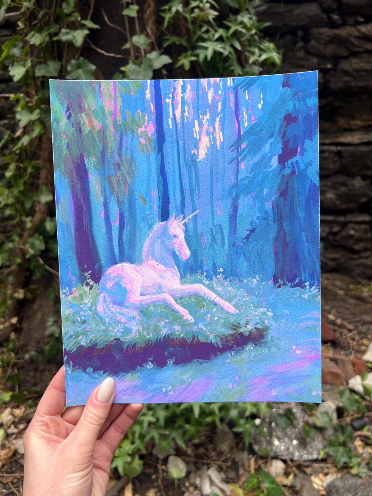 unicorn in the clearing art print from original gouache painting for fantasy readers & lovers