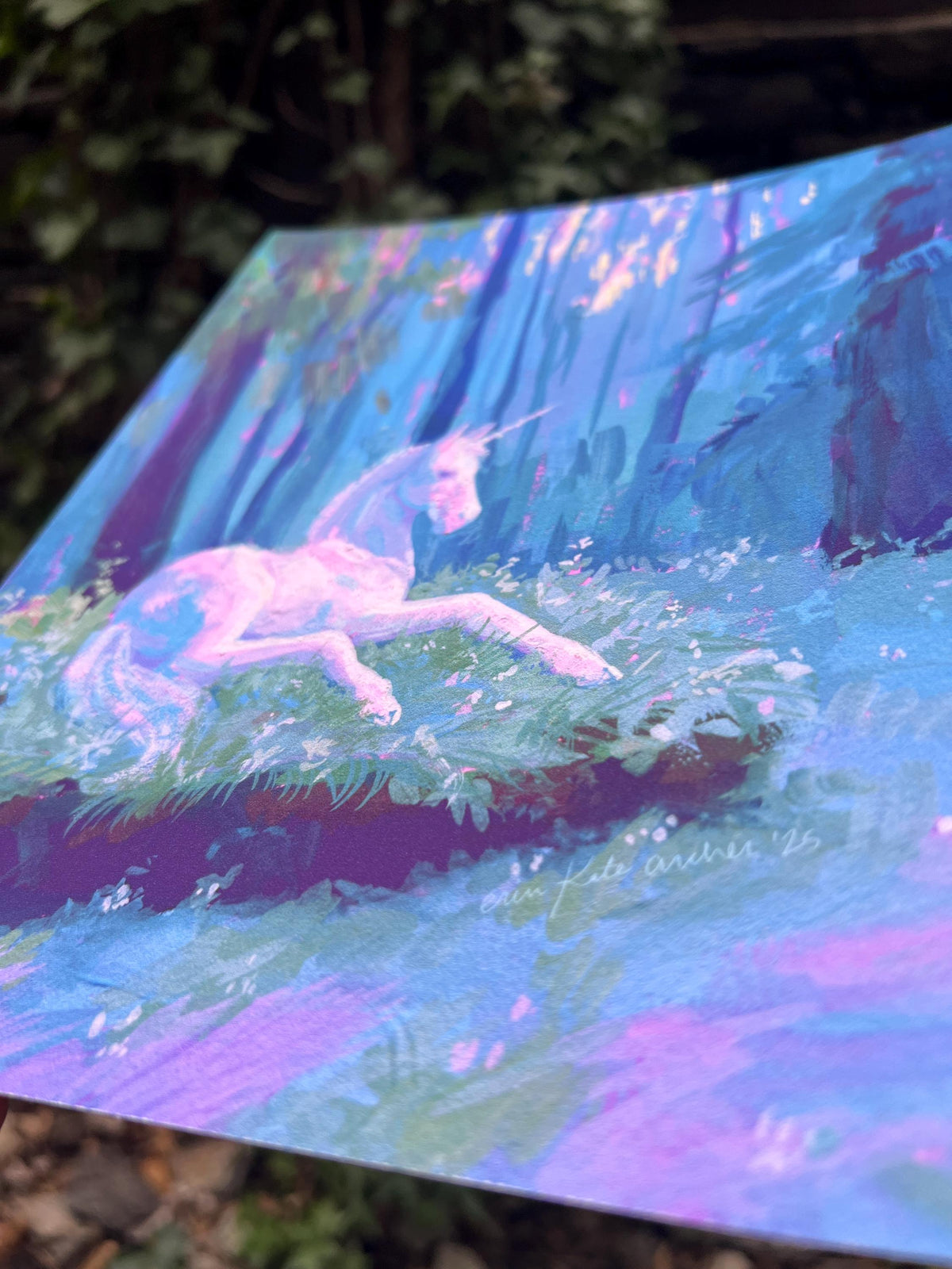 unicorn in the clearing art print from original gouache painting for fantasy readers & lovers