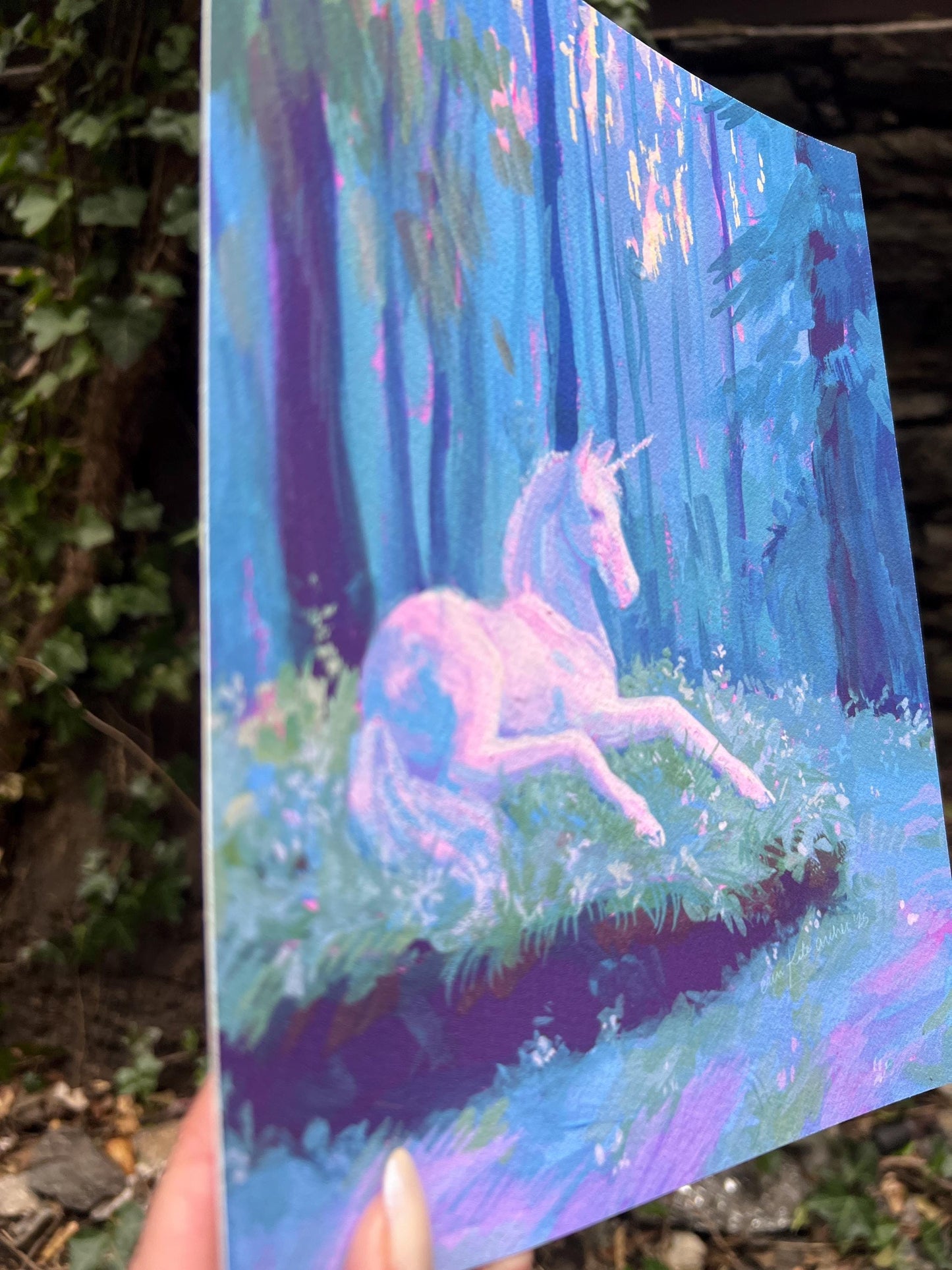 unicorn in the clearing art print from original gouache painting for fantasy readers & lovers