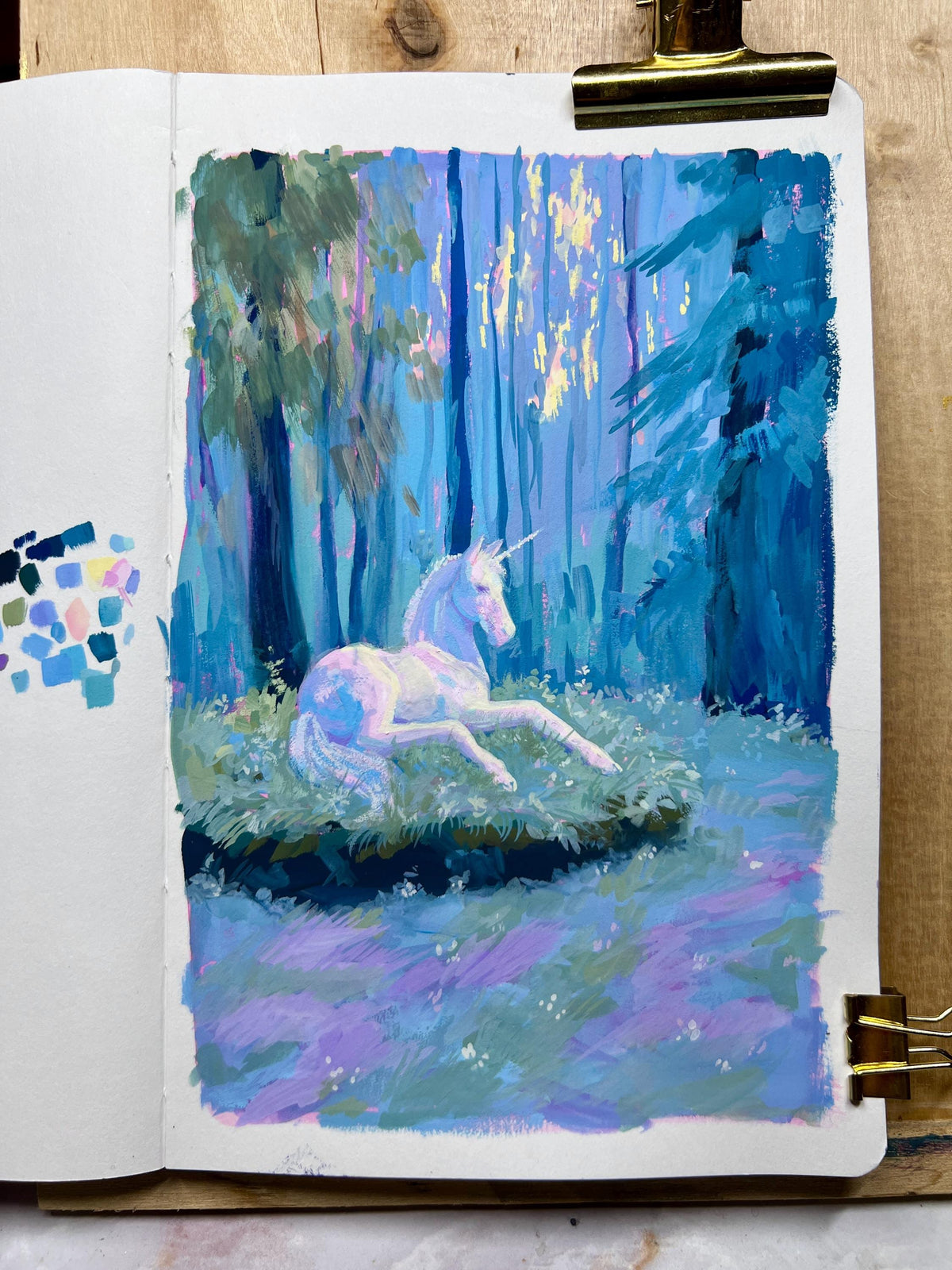 unicorn in the clearing art print from original gouache painting for fantasy readers & lovers
