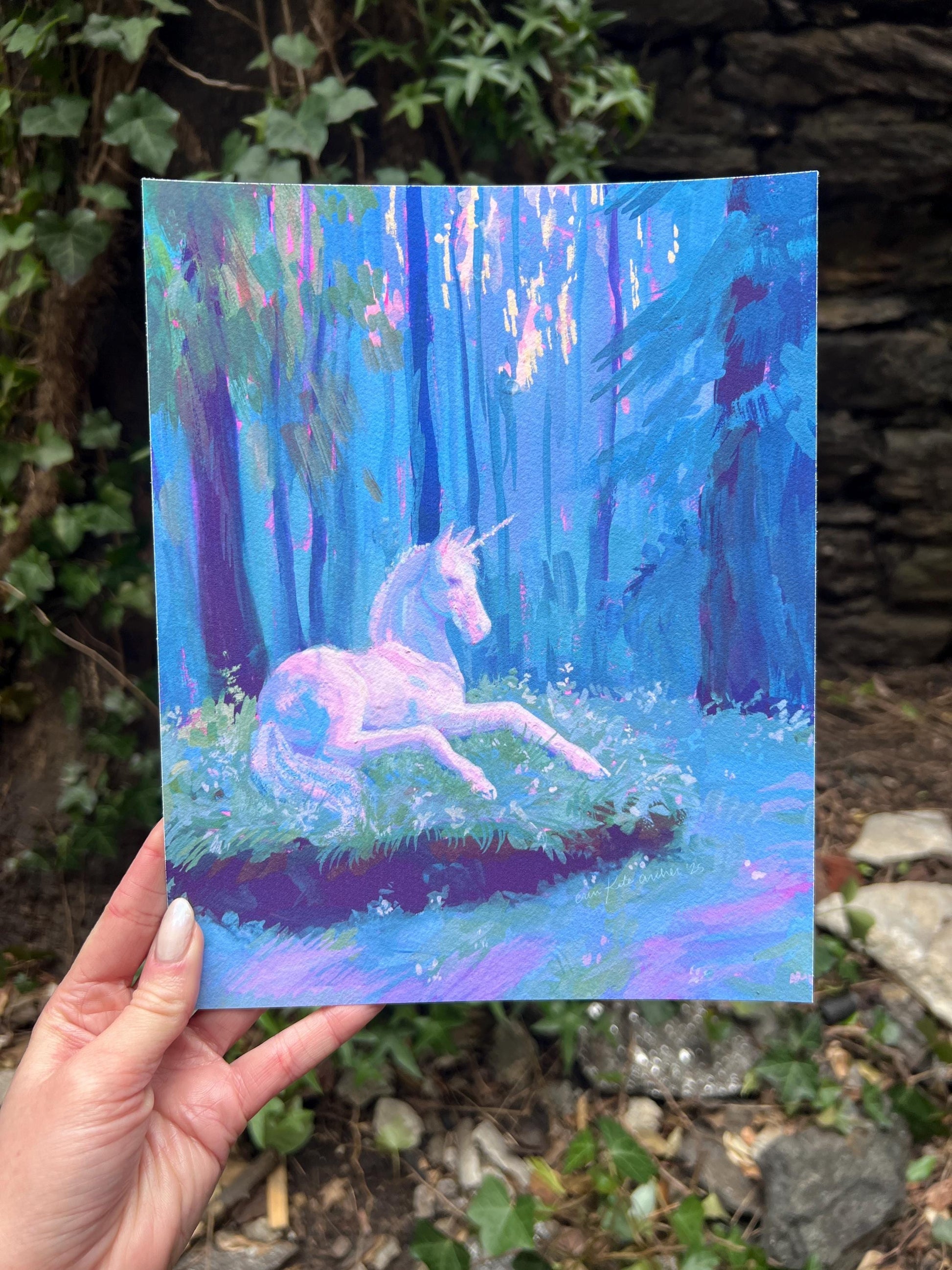 unicorn in the clearing art print from original gouache painting for fantasy readers & lovers
