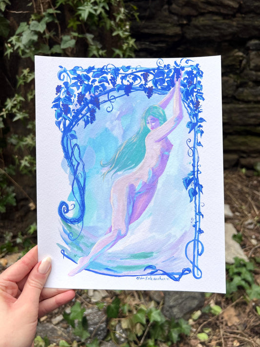 nymph picking grapes - art print from original art nouveau-inspired gouache painting - magical celestial fairytale