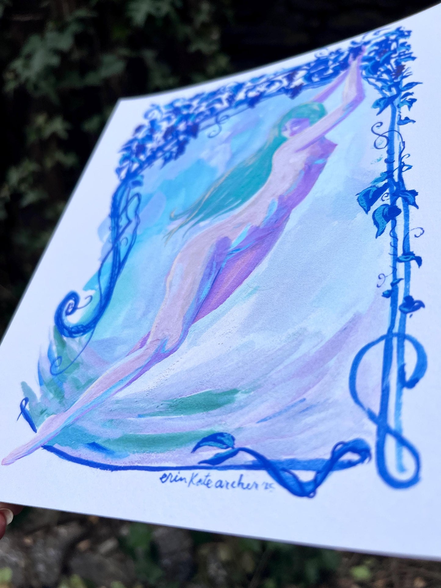nymph picking grapes - art print from original art nouveau-inspired gouache painting - magical celestial fairytale