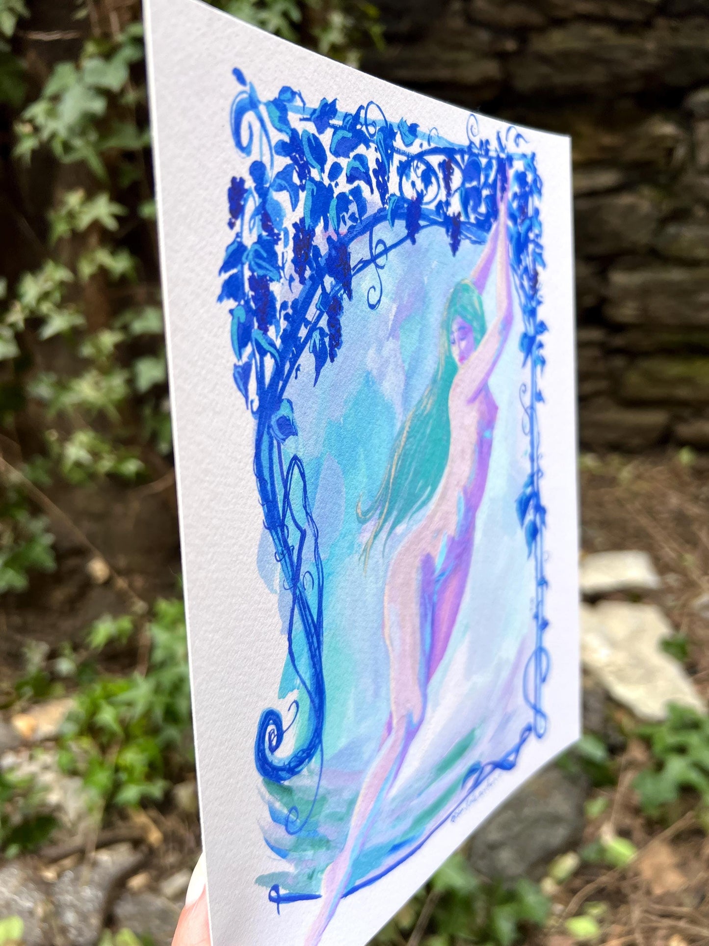 nymph picking grapes - art print from original art nouveau-inspired gouache painting - magical celestial fairytale