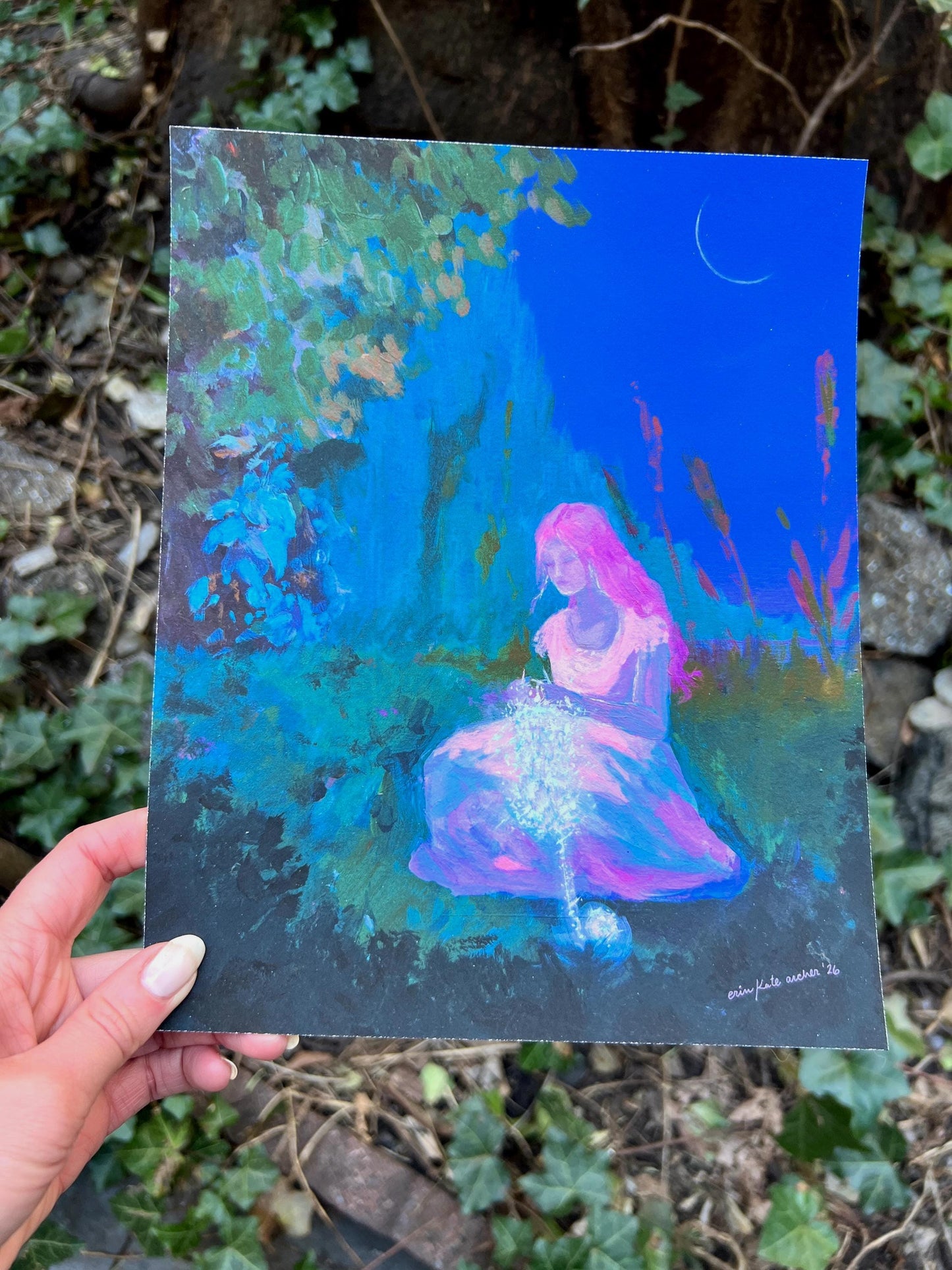 starlight stitcher - art print from original acrylic painting of a magical fantasy knitter