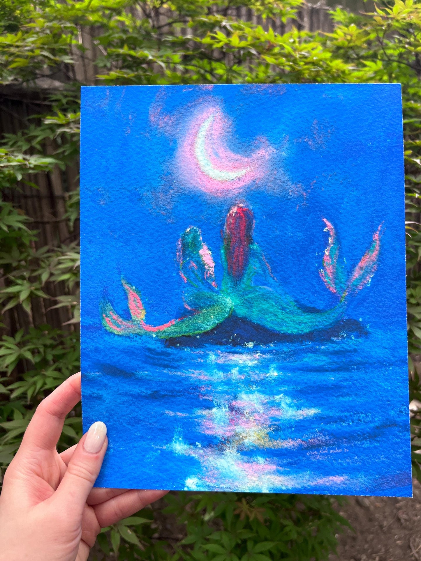 two mermaids under the crescent moon -- art print from original mixed media painting