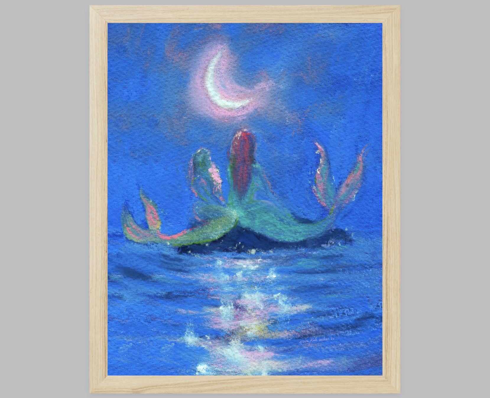 two mermaids under the crescent moon -- art print from original mixed media painting