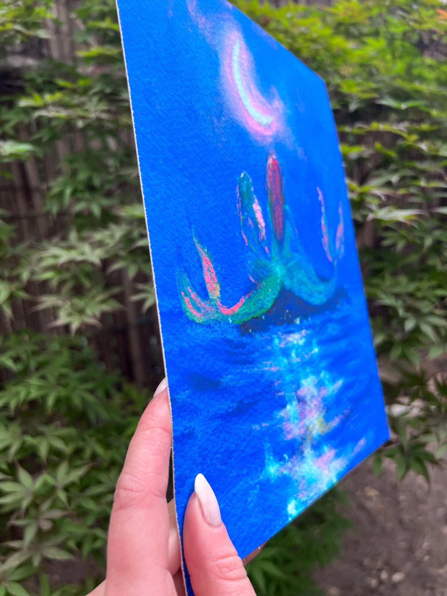 two mermaids under the crescent moon -- art print from original mixed media painting
