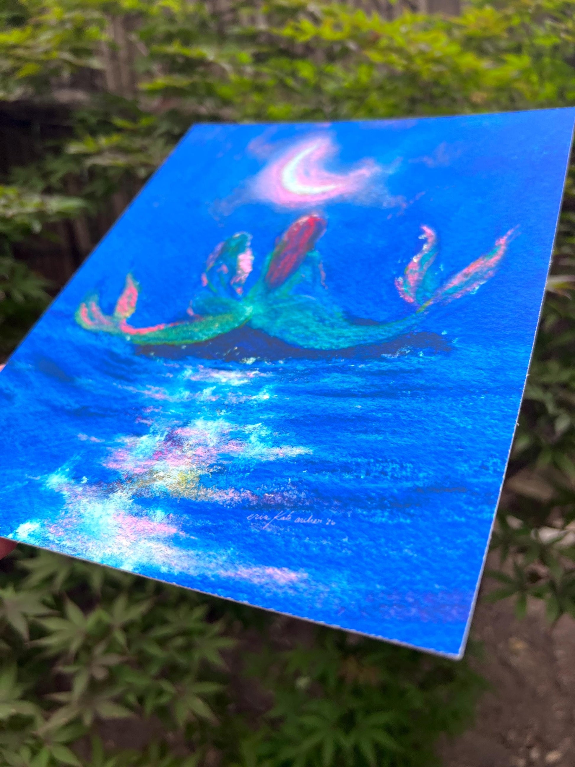 two mermaids under the crescent moon -- art print from original mixed media painting