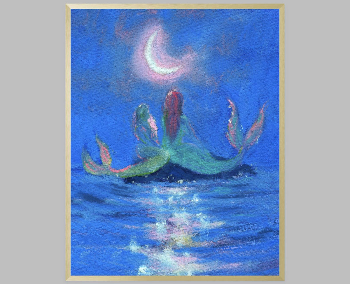 two mermaids under the crescent moon -- art print from original mixed media painting