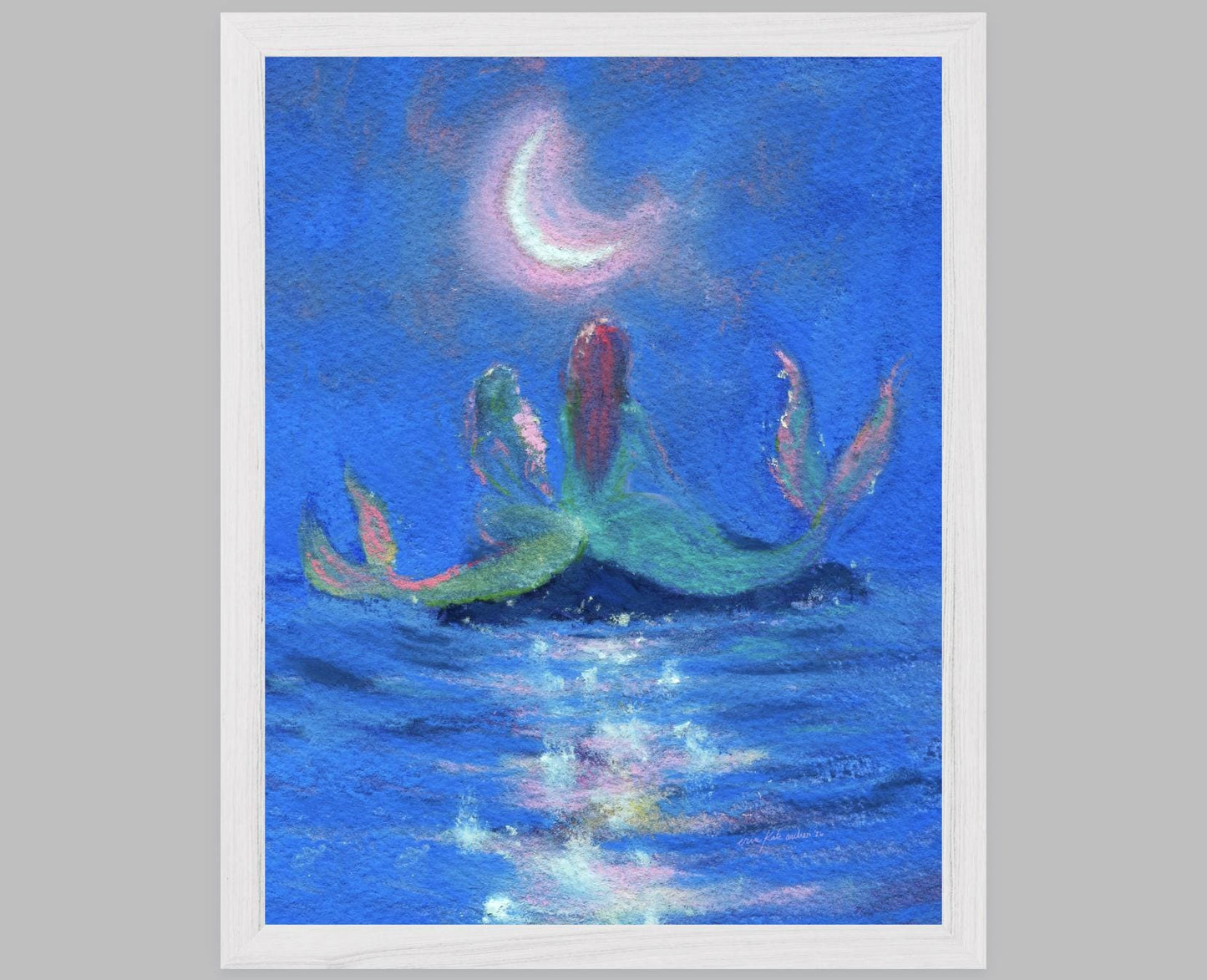 two mermaids under the crescent moon -- art print from original mixed media painting