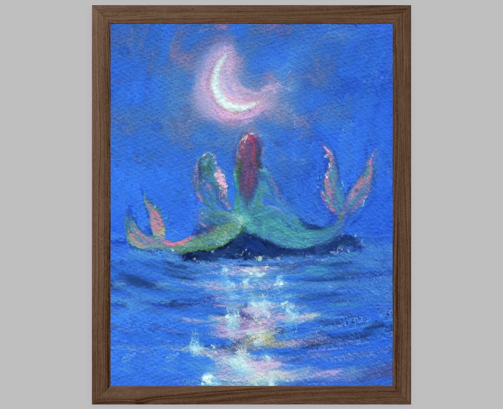 two mermaids under the crescent moon -- art print from original mixed media painting