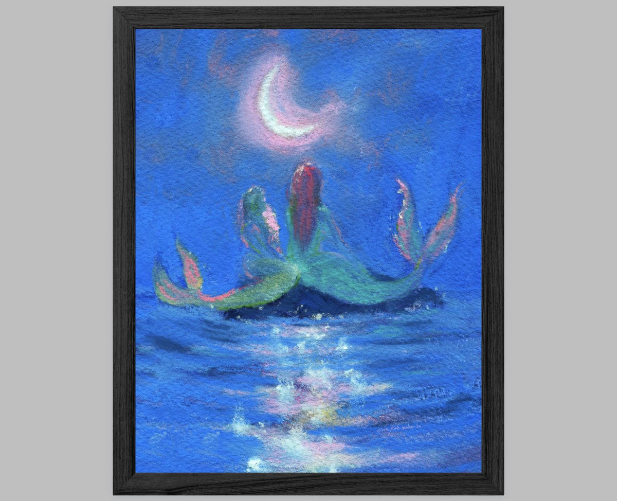two mermaids under the crescent moon -- art print from original mixed media painting