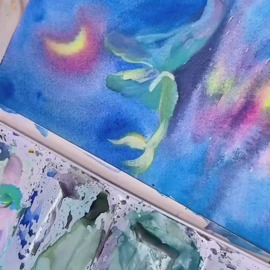 two mermaids under the crescent moon -- art print from original mixed media painting