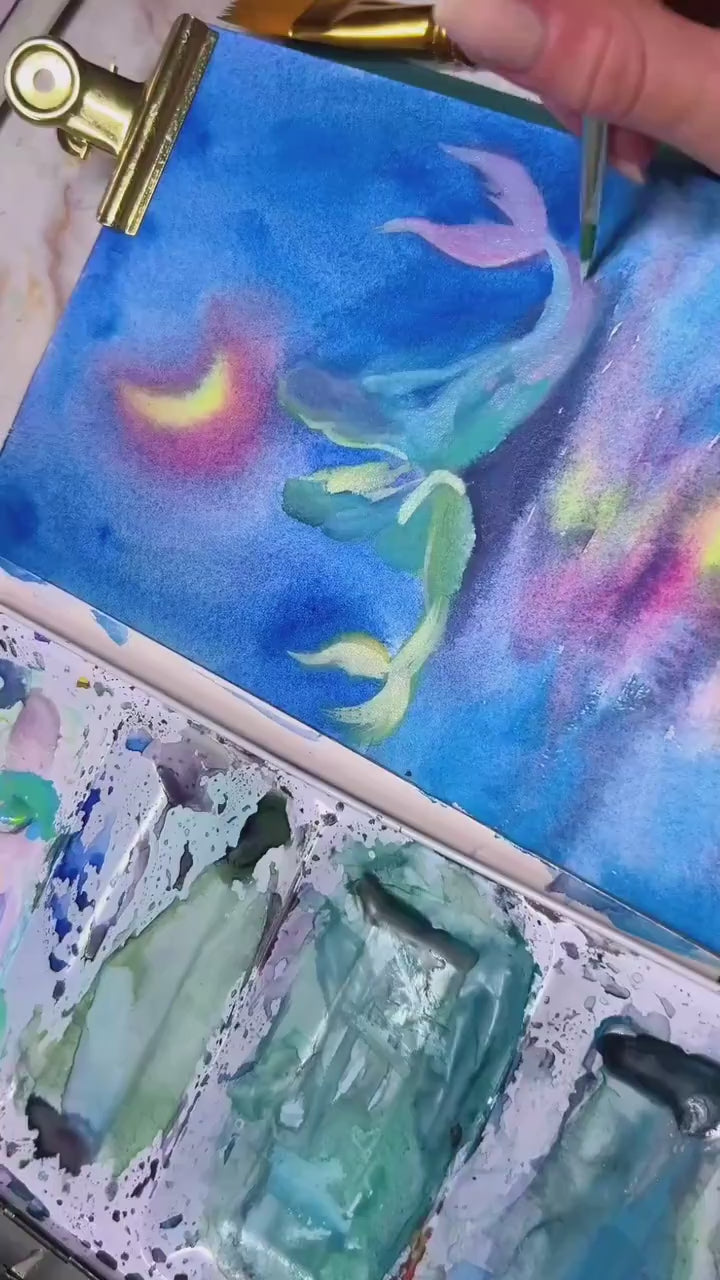 two mermaids under the crescent moon -- art print from original mixed media painting
