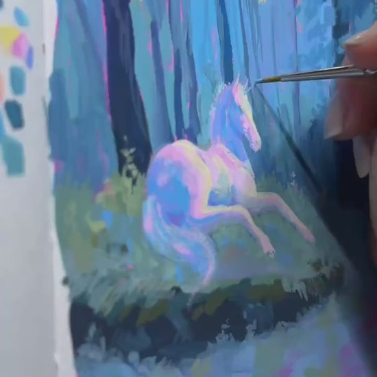 unicorn in the clearing art print from original gouache painting for fantasy readers & lovers