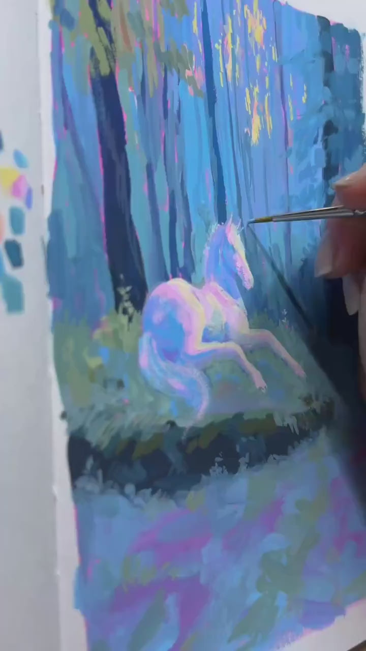 unicorn in the clearing art print from original gouache painting for fantasy readers & lovers