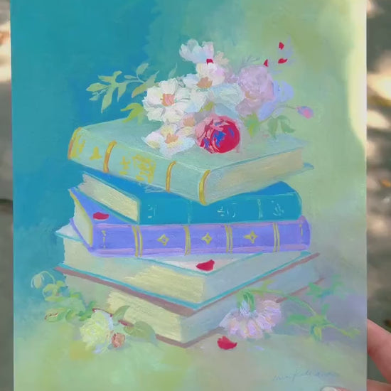 her storybooks - romantic stack of books art print | art for bookworms book lovers